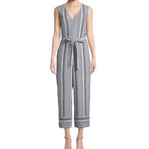 ECI New York Linen Jumpsuit V Neck Tie Front Vertical Stripe LARGE Cropped